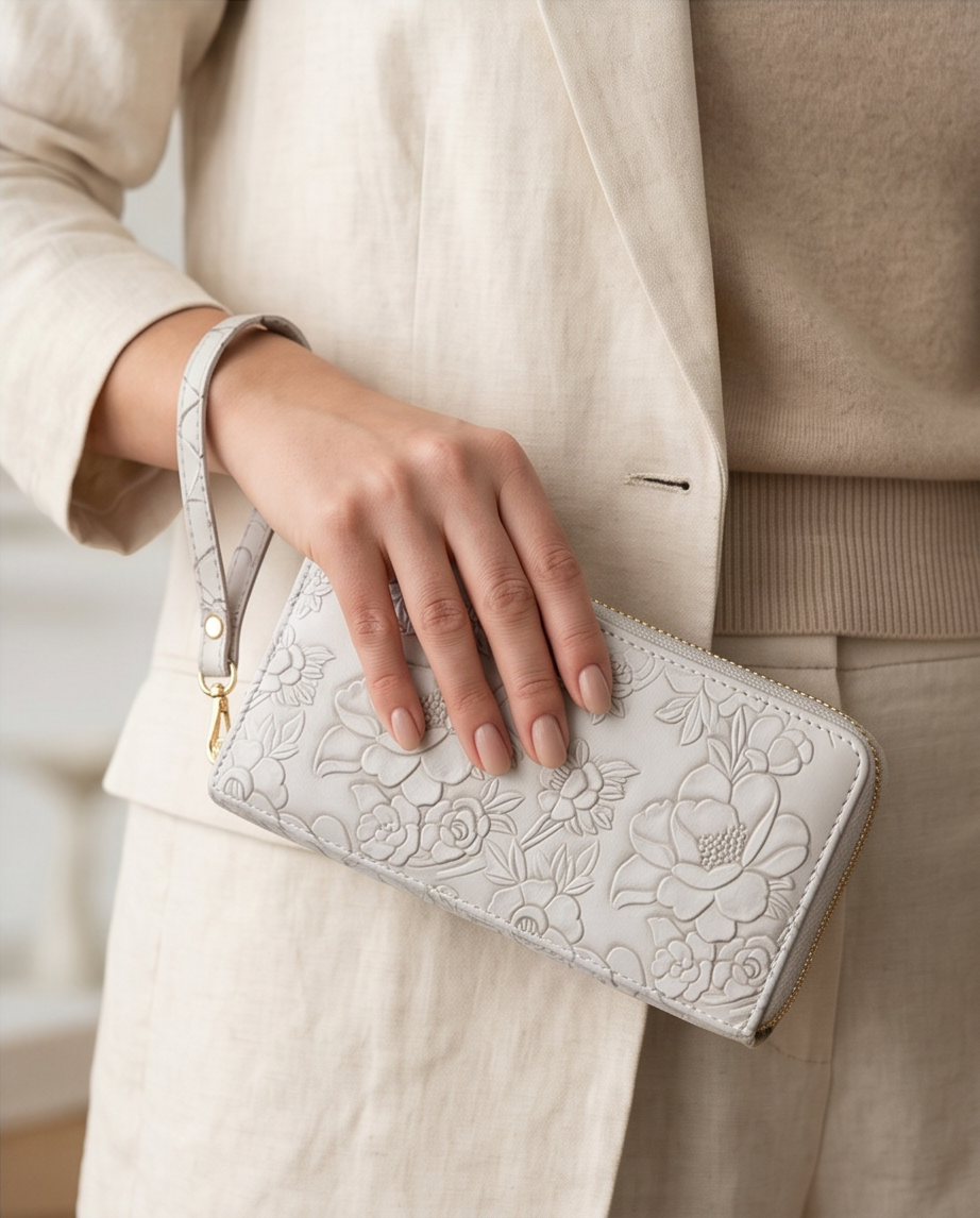 Geldbeutel Damen – Blumenmuster Grau | PU-Leder mit Handschlaufe