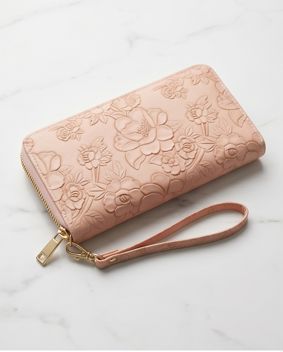 Geldbeutel Damen – Blumenmuster Altrosa | PU-Leder mit Handschlaufe