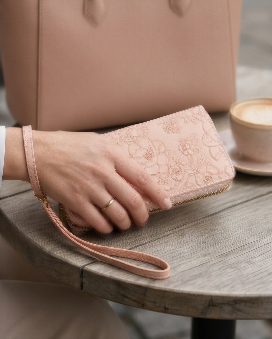 Geldbeutel Damen – Blumenmuster Altrosa | PU-Leder mit Handschlaufe