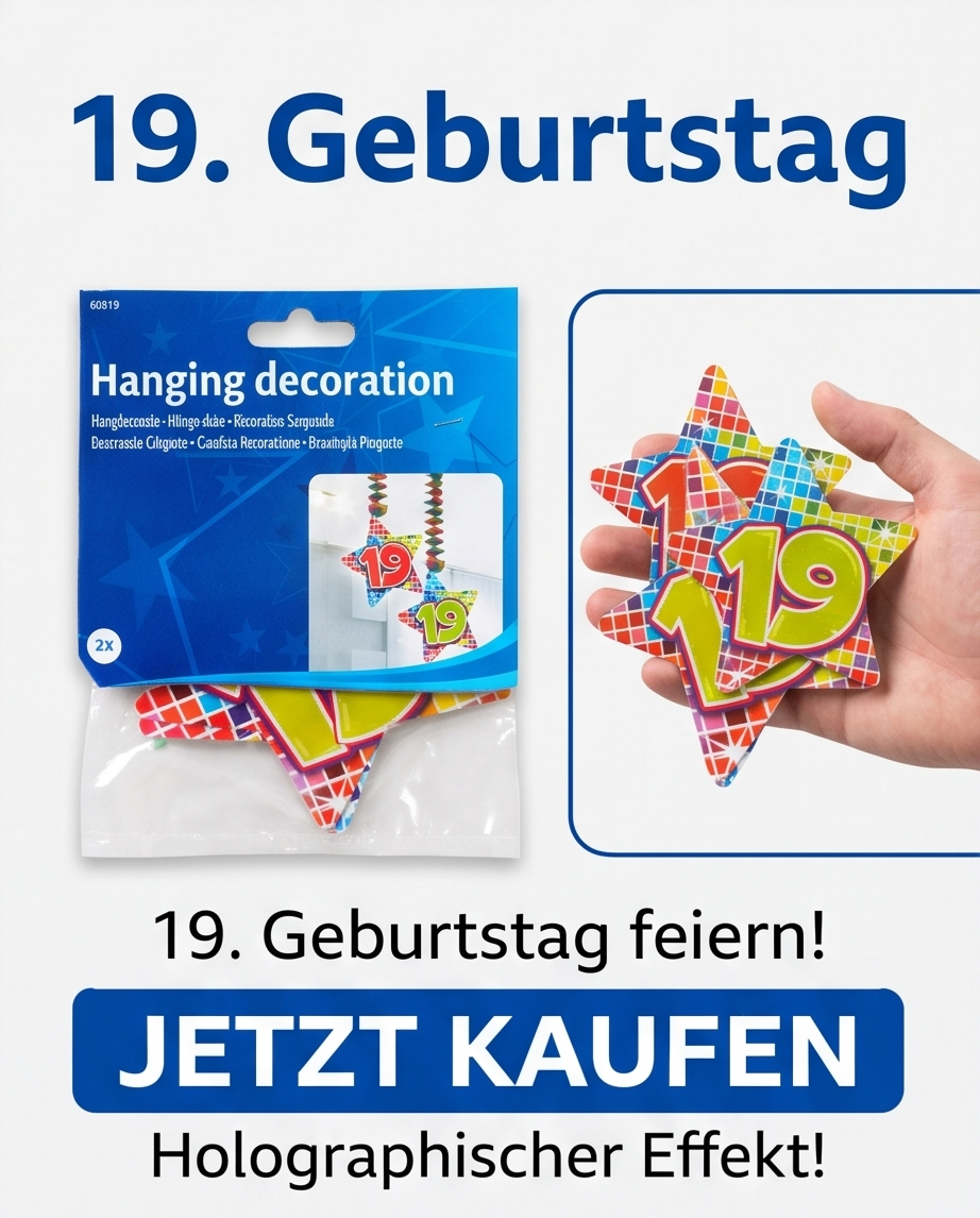 Folat Hängedekoration Zahl 19 Holographisch – Deckenhänger Geburtstag (2 Stück)