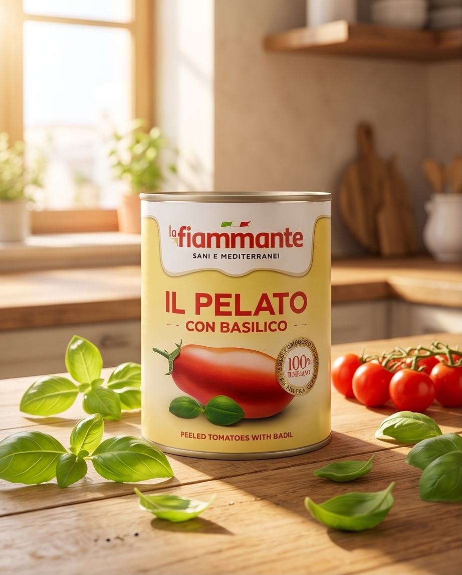 La Fiammante Geschälte Tomaten mit Basilikum – Aus Italien, 400g