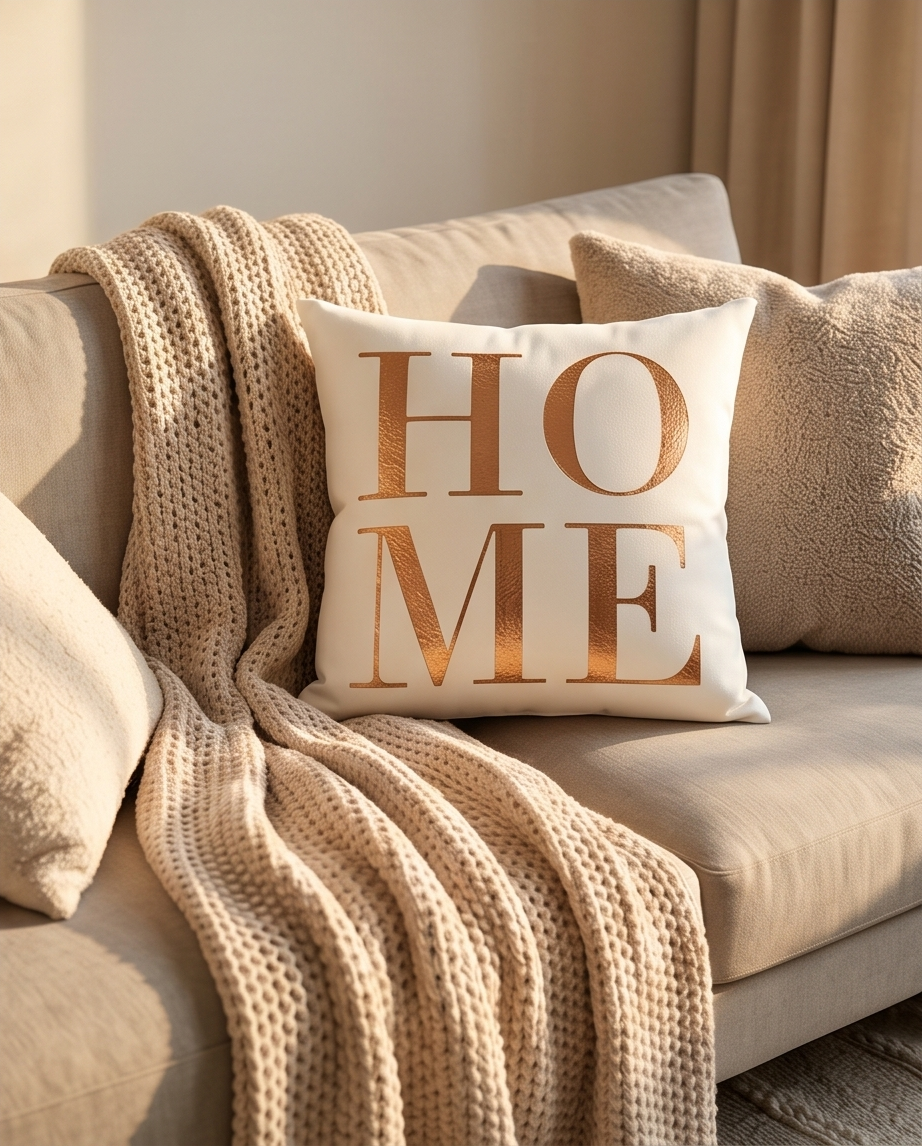 Deko-Kissen ‘Home’ – 45×45 cm | Bohemian-Stil, Pastell, Plüsch-Polyester