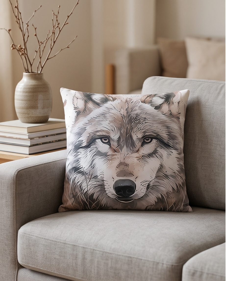 Deko-Kissen ‘Wolf’ – 45×45 cm | Ölgemälde-Stil, inkl. Füllkissen