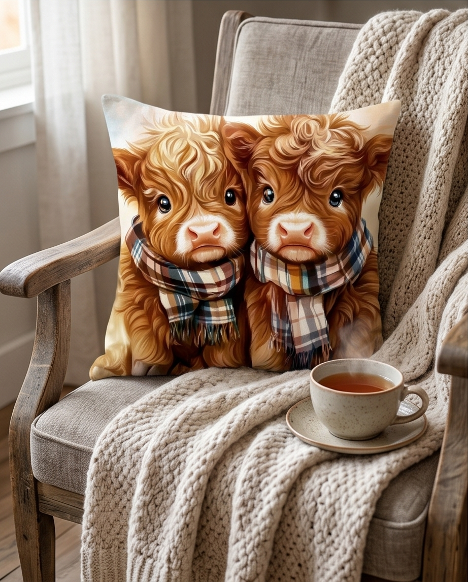 Deko-Kissen ‘Highland Kühe’ – 45×45 cm | 2D-Druck, inkl. Füllkissen