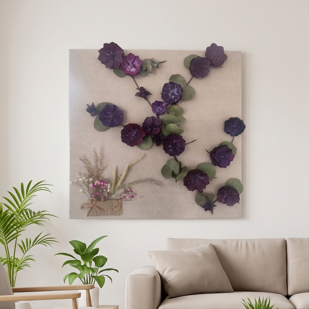 Handmade - Bild mit Blumen auf Leinwand | Blumenbild Tannenzapfen