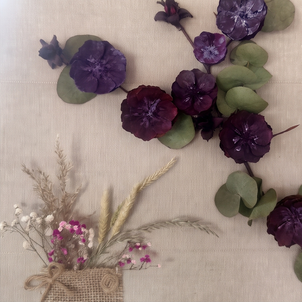 Handmade - Bild mit Blumen auf Leinwand | Blumenbild Tannenzapfen