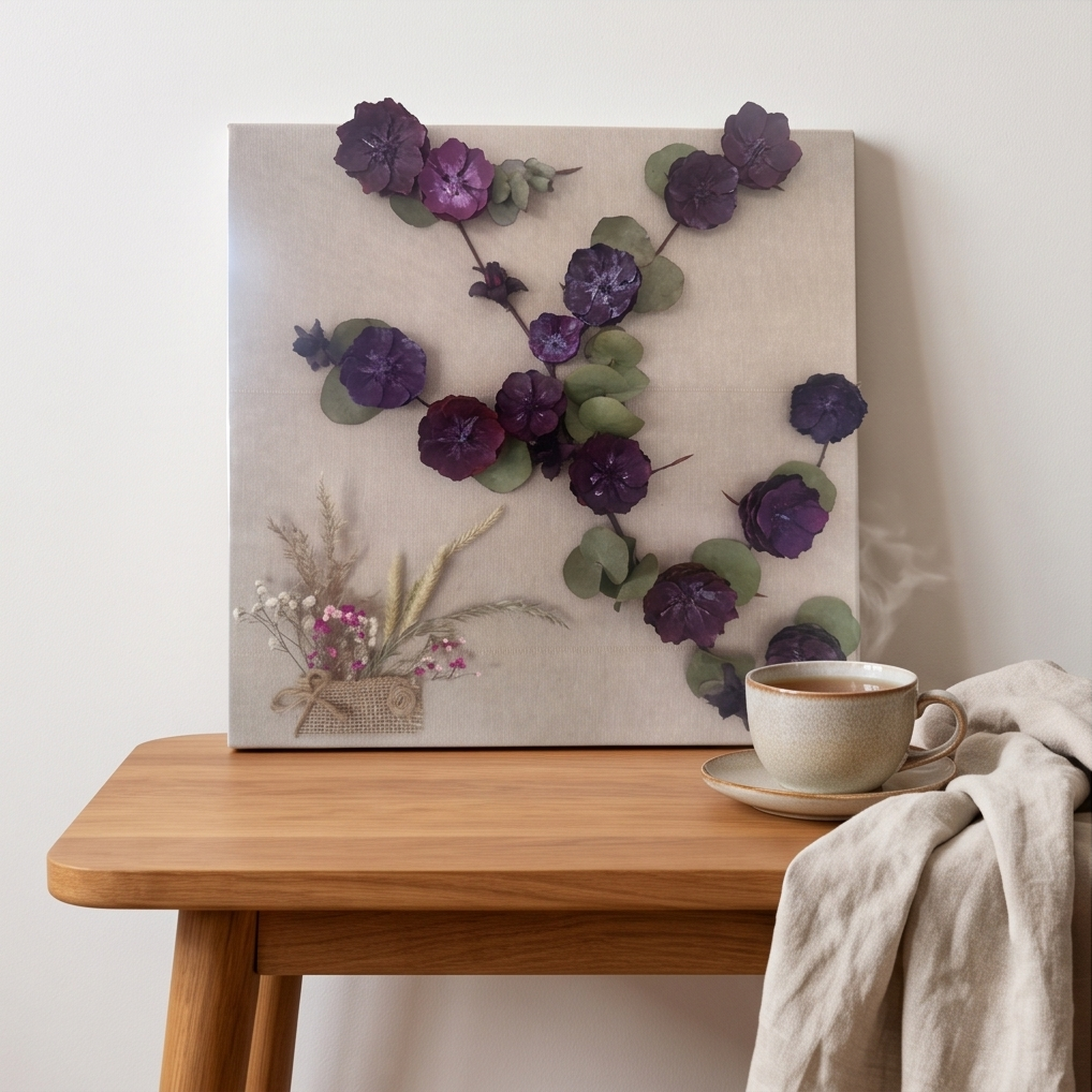 Handmade - Bild mit Blumen auf Leinwand | Blumenbild Tannenzapfen