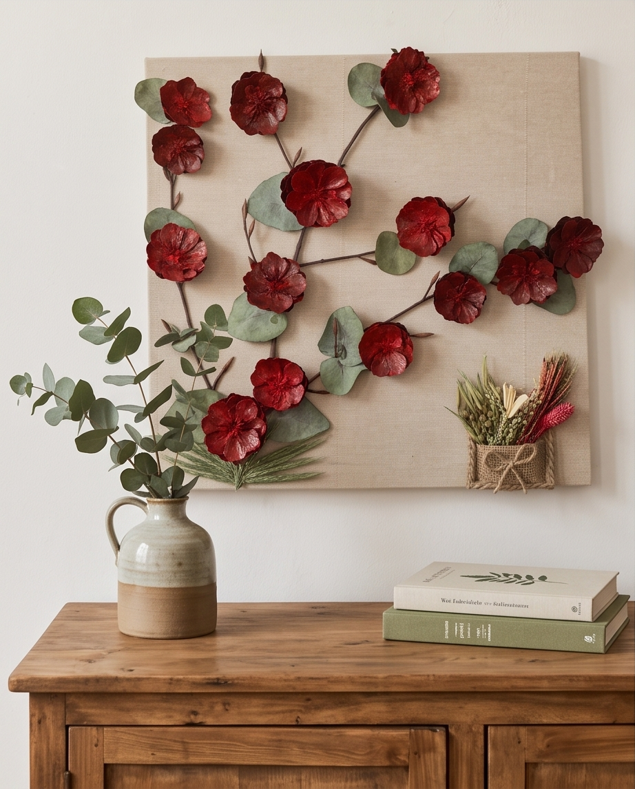 Handmade - Bild mit Blumen auf Leinwand | Blumenbild Tannenzapfen