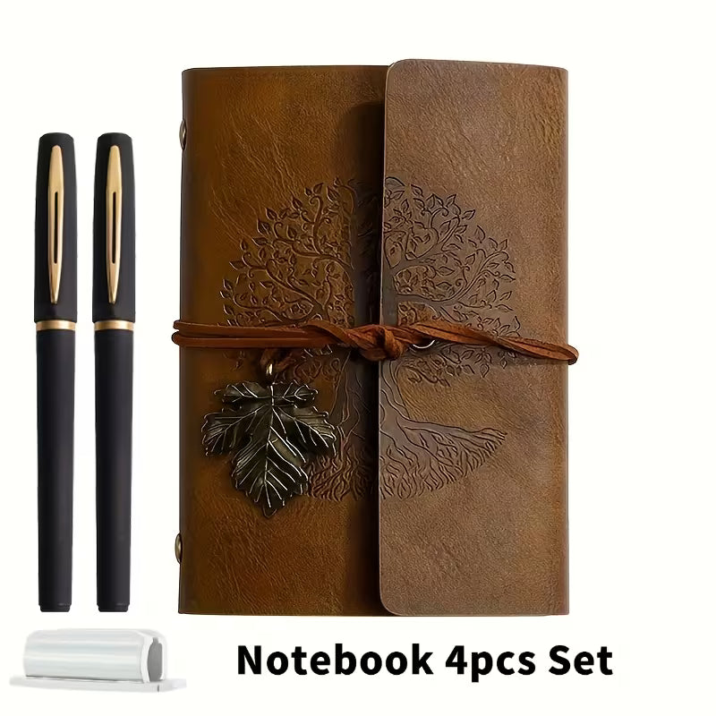 Notizbuch Vintage ‘Lebensbaum’ braun – Set mit Gelstiften & Kunstleder-Einband (14,5x10 cm)