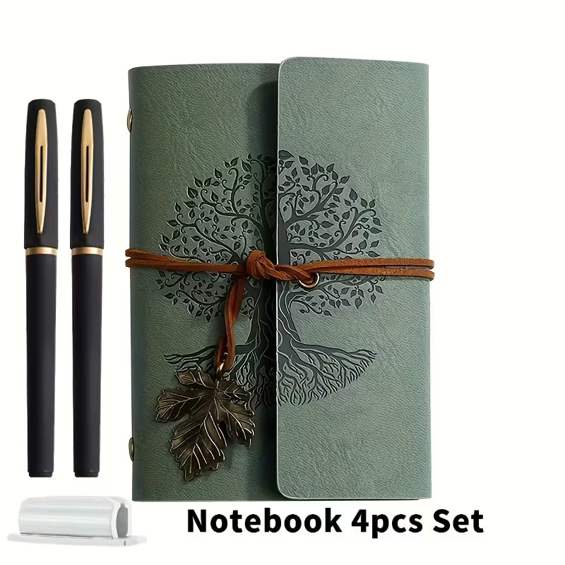 Notizbuch Vintage ‘Lebensbaum’ grün – Set mit Gelstiften & Kunstleder-Einband (14,5x10 cm)