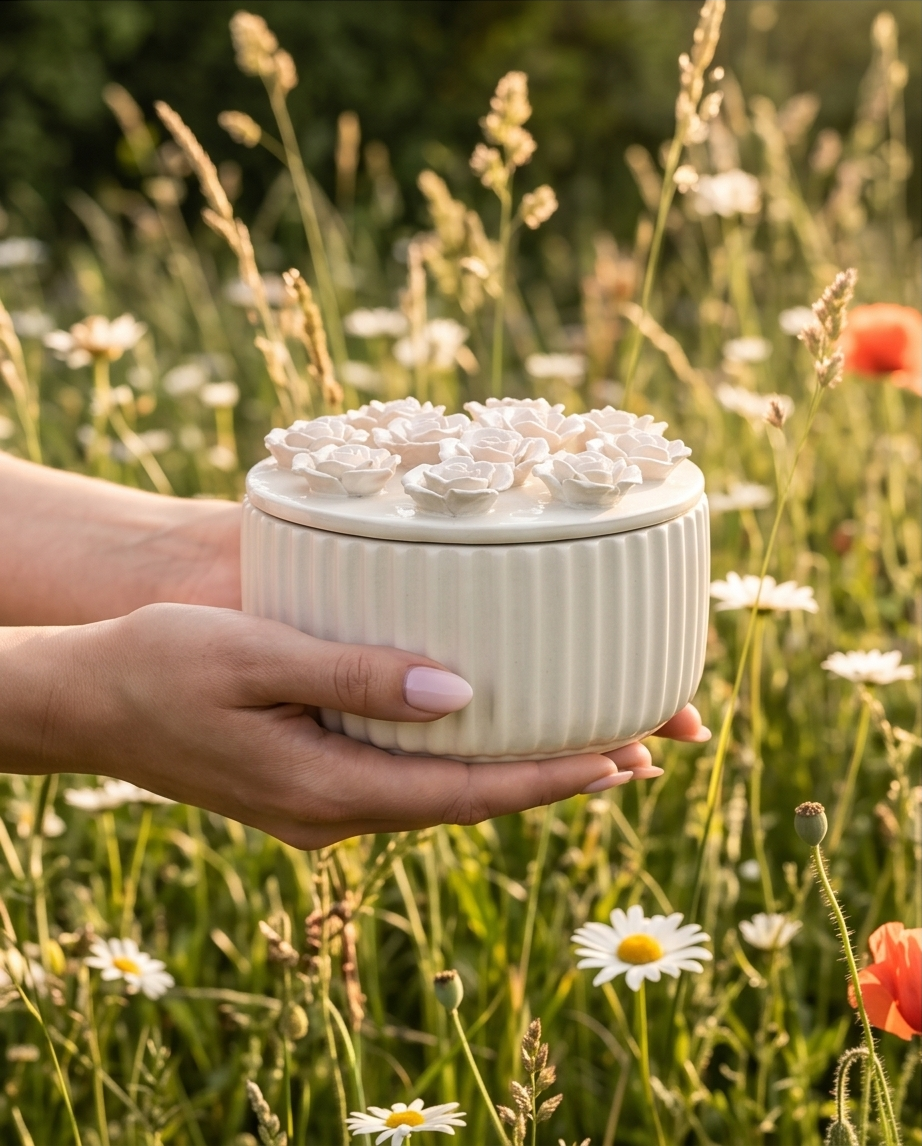 Handmade - Schatulle ‘Blumen’ aus Gips – mit Gipsblumen verziert