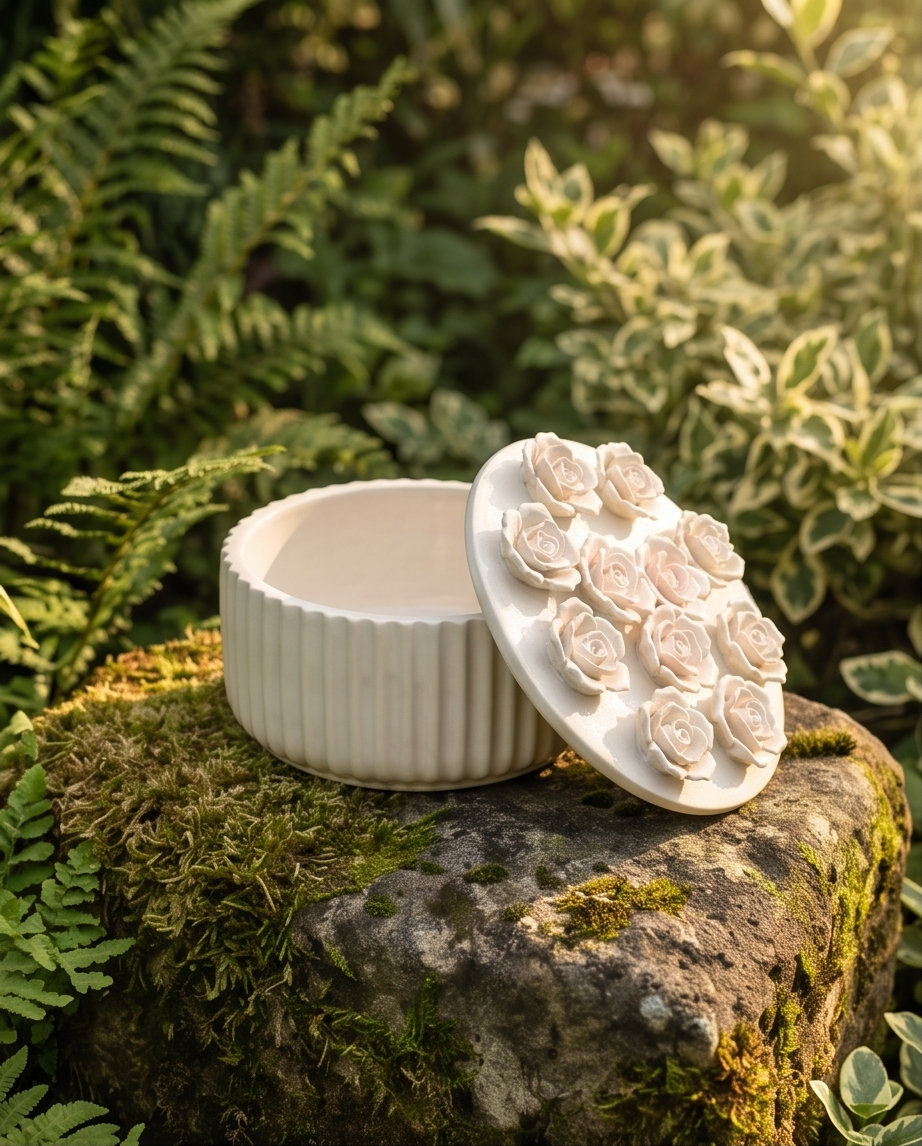 Handmade - Schatulle ‘Blumen’ aus Gips – mit Gipsblumen verziert