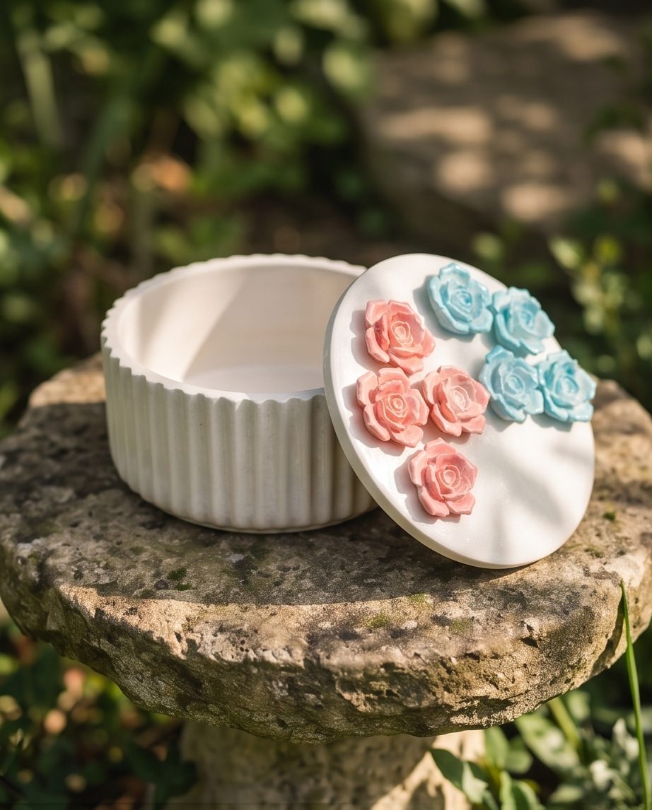 Handmade - Schatulle ‘Blumen’ aus Gips – mit Gipsblumen verziert