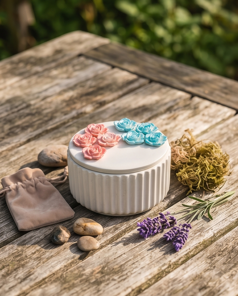 Handmade - Schatulle ‘Blumen’ aus Gips – mit Gipsblumen verziert