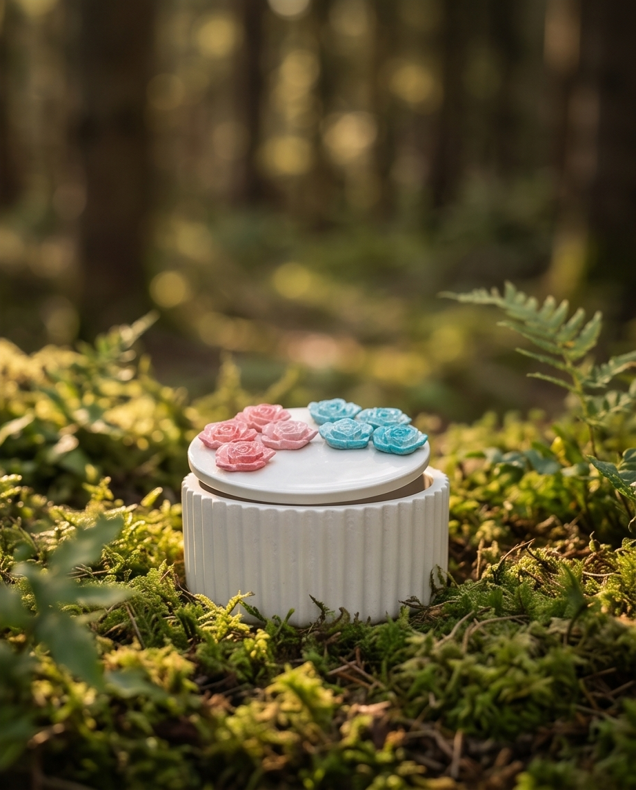 Handmade - Schatulle ‘Blumen’ aus Gips – mit Gipsblumen verziert