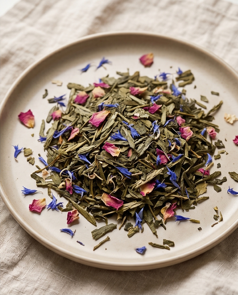Grüner Tee Morgenrot Sencha 50 g – Mit Mango-Geschmack & Blütenblättern