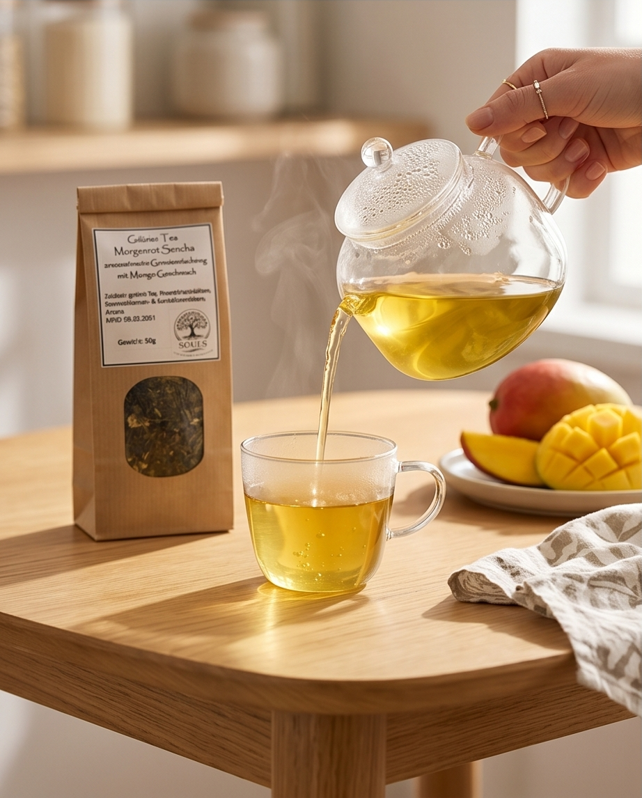 Grüner Tee Morgenrot Sencha 50 g – Mit Mango-Geschmack & Blütenblättern