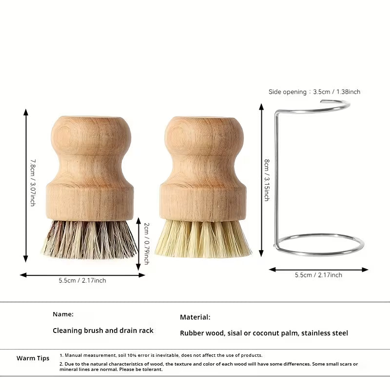 Holz-Spülbürste mit Edelstahl Ständer | Topfbürste | Gemüsebürste für Küche