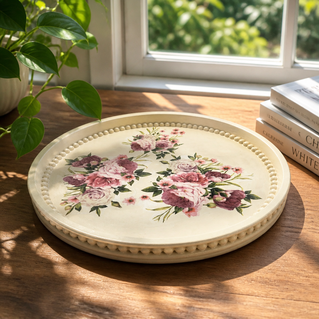 Handmade - runder Ablageteller aus Gips mit Rosenmotiv