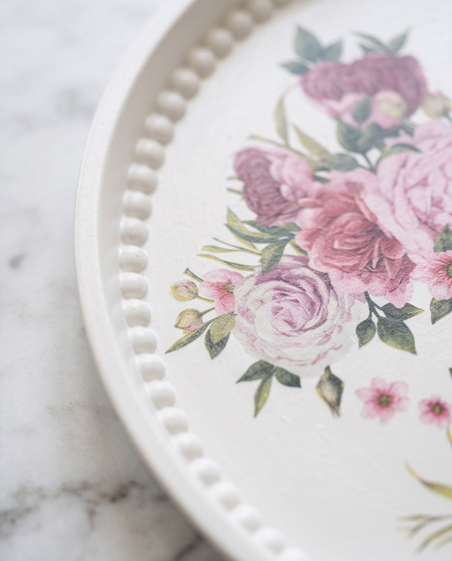 Handmade - runder Ablageteller aus Gips mit Rosenmotiv