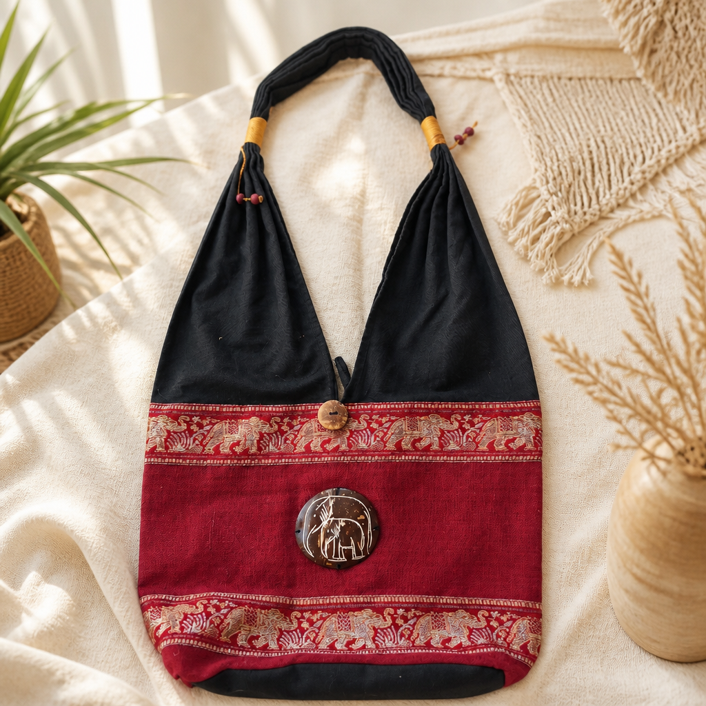 2nd Hand | Stofftasche Bohe Ethno Stil - Schultertasche mit Elefanten-Motiv – Schwarz/Rot