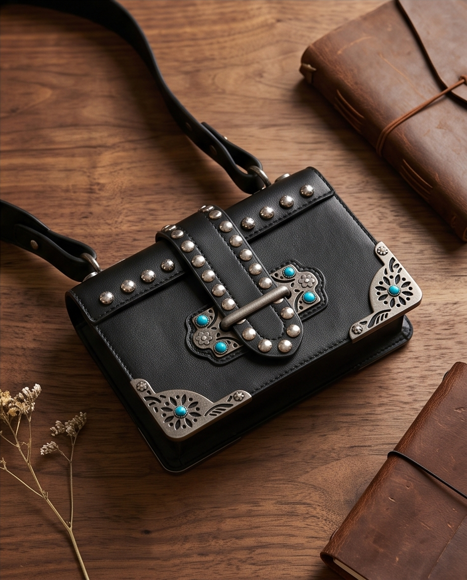 Western Umhängetasche Schwarz – PU-Leder mit Nieten & Türkis-Steinen Boho-Chic