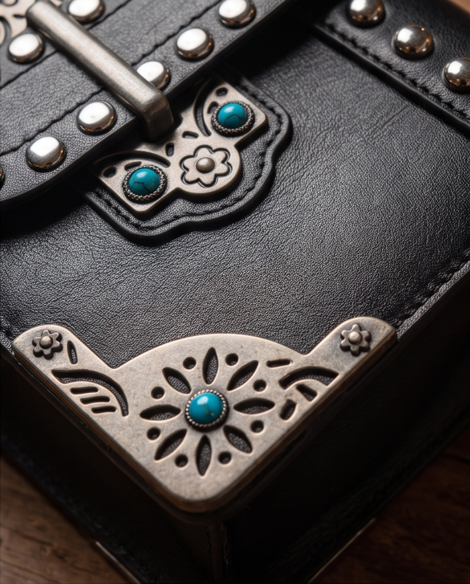 Western Umhängetasche Schwarz – PU-Leder mit Nieten & Türkis-Steinen Boho-Chic