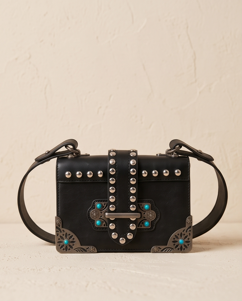 Western Umhängetasche Schwarz – PU-Leder mit Nieten & Türkis-Steinen Boho-Chic