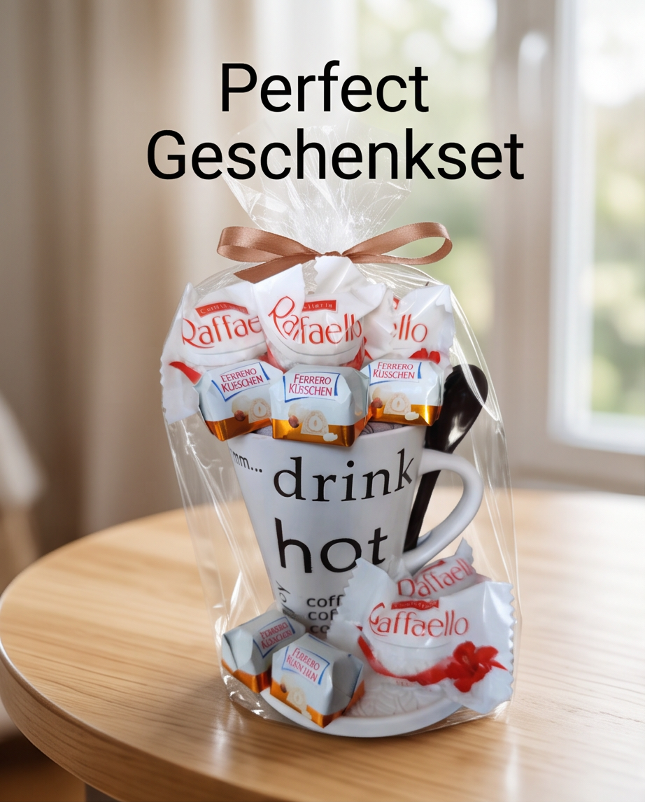 Geschenk-Set | Porzellantasse mit Löffel & Süßigkeiten