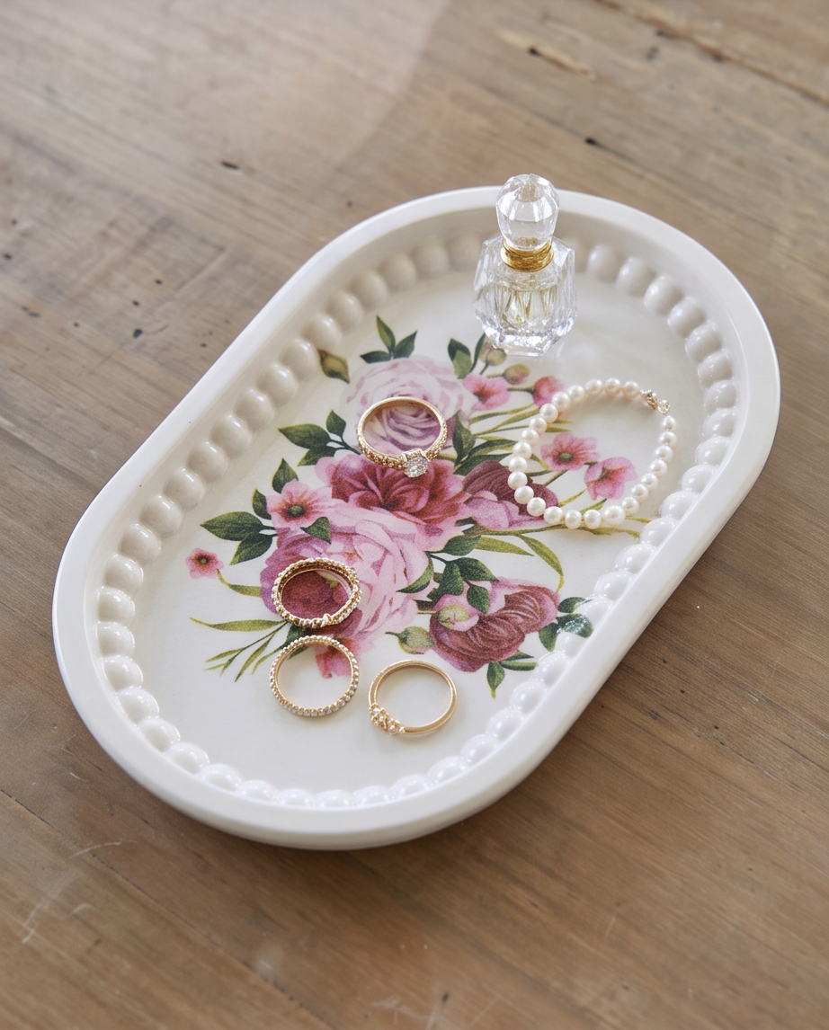Handmade | ovaler Deko-Teller mit Rosen-Bouquet | Platte | Ablage aus Gips