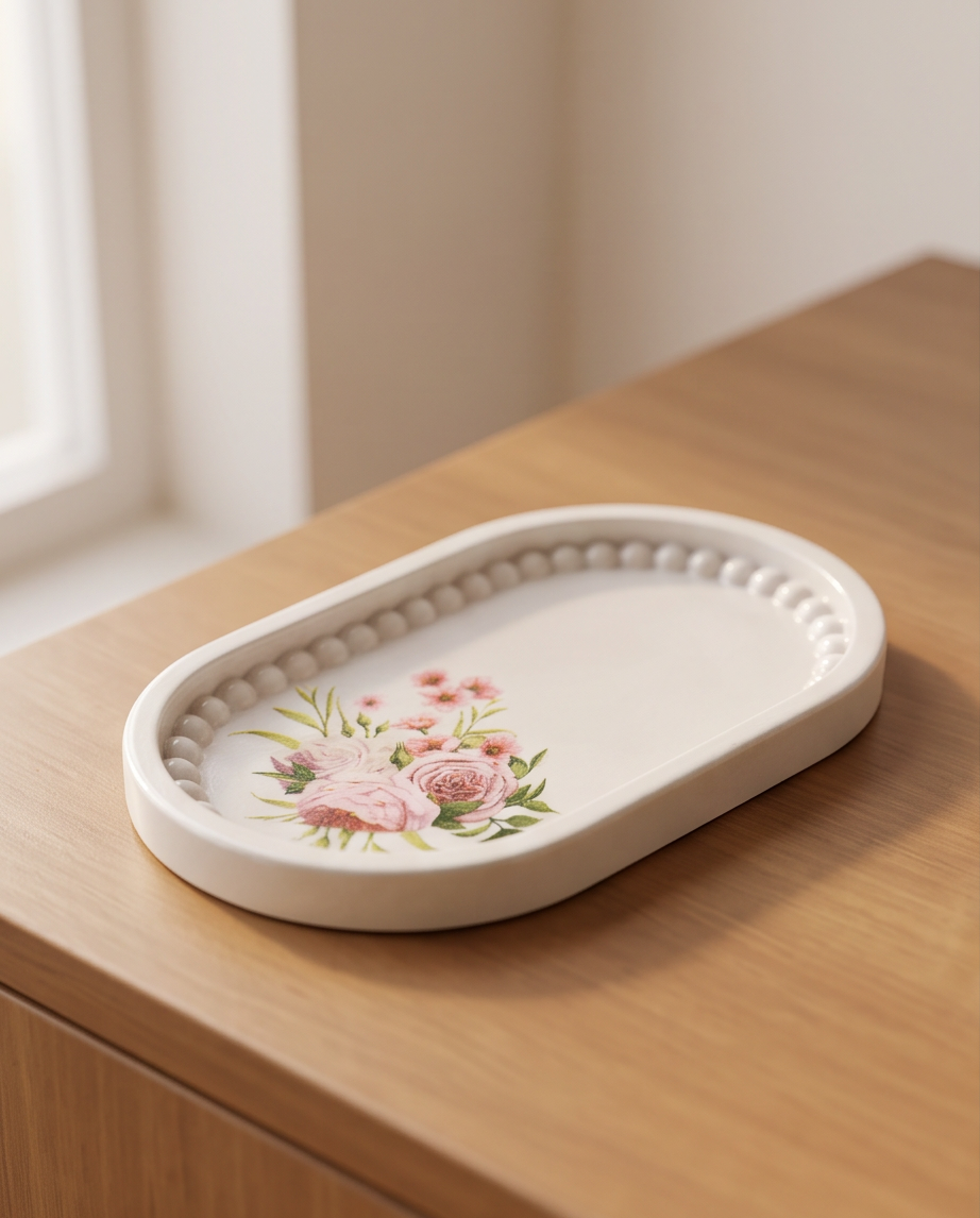Handmade | ovaler Deko-Teller mit Rosen-Bouquet | Platte | Ablage aus Gips