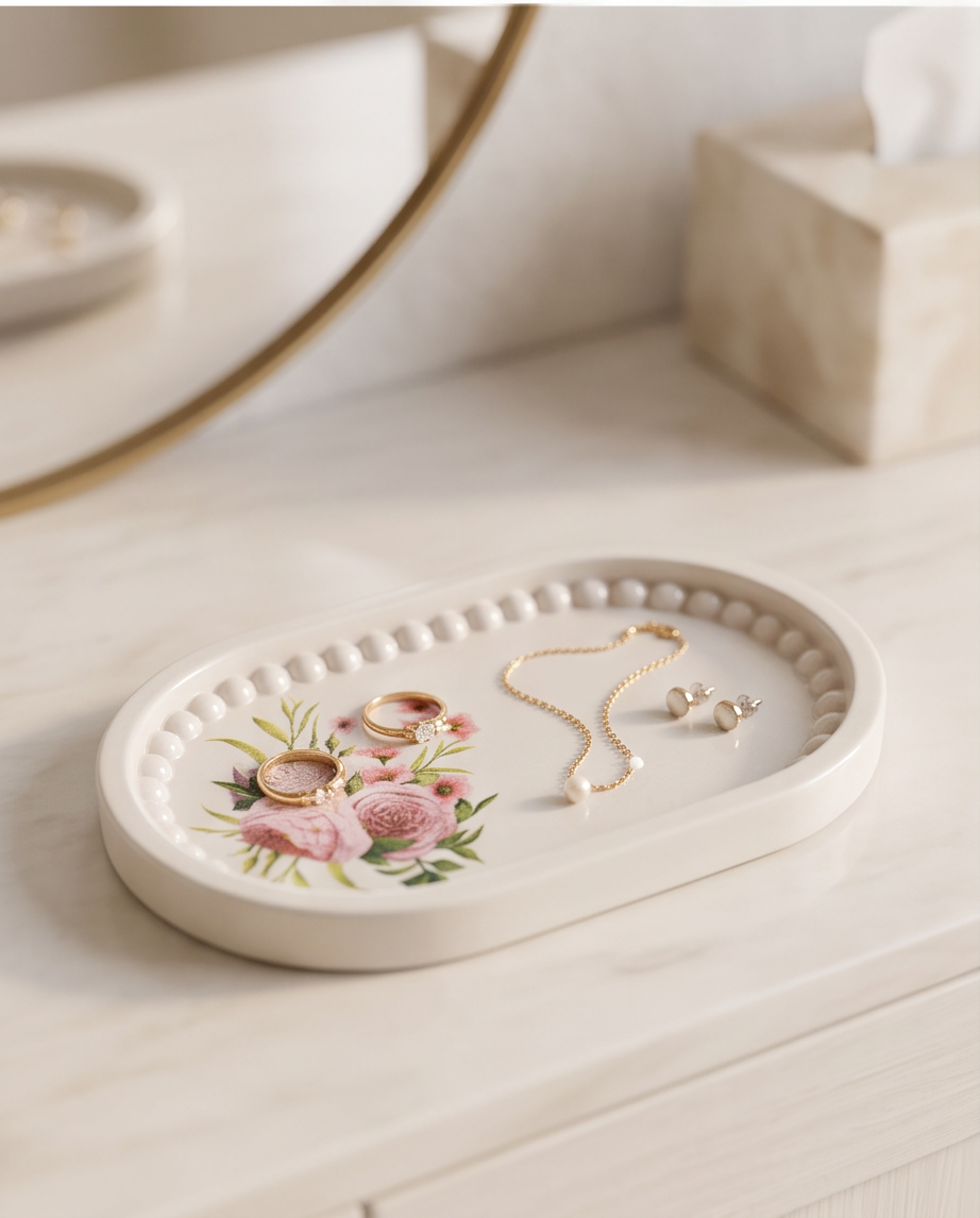 Handmade | ovaler Deko-Teller mit Rosen-Bouquet | Platte | Ablage aus Gips
